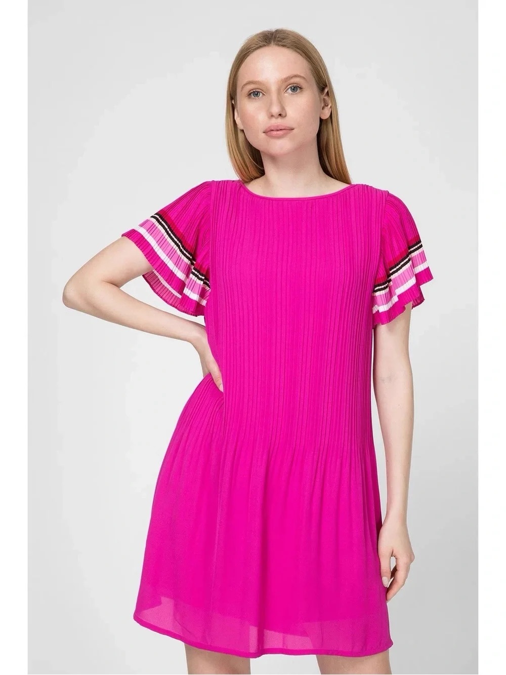 Maje Fuchsia Pleated Flutter Sleeve Mini Dress